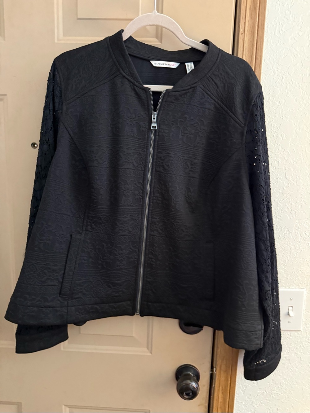 Isaac Mizrahi Black Lace-Sleeve Bomber Jacket